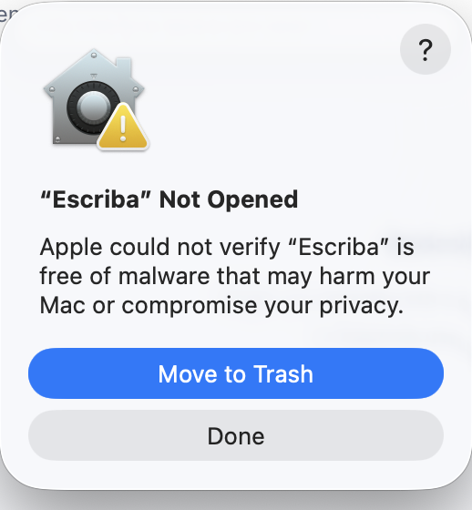 Aviso de macOS: "Escriba" Not Opened, con Move to Trash y Done