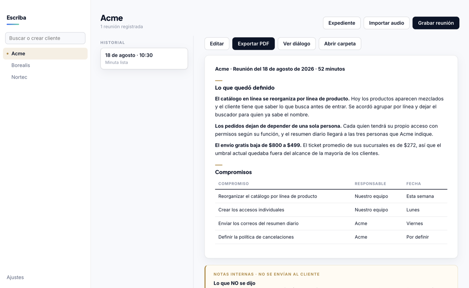 Escriba con una minuta terminada